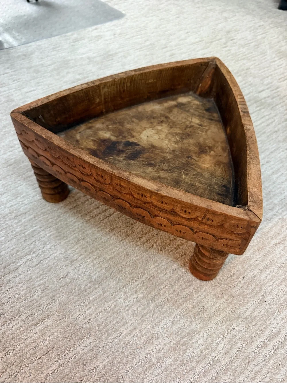 Indian Hand-Carved Wooden Triangular Chakki Table Stand